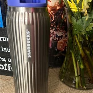 Silver Water Bottle with Blue Lid